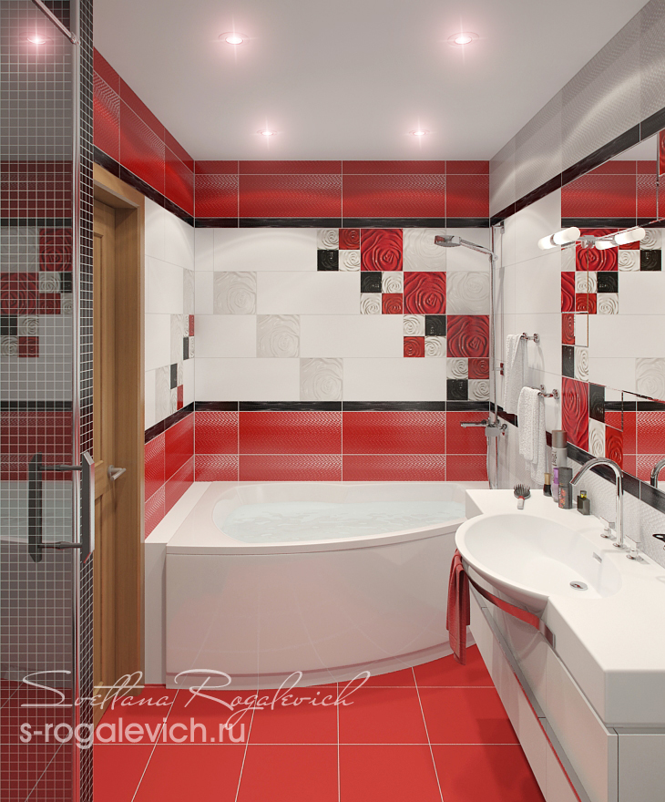 красный цвет в интерьере ванной